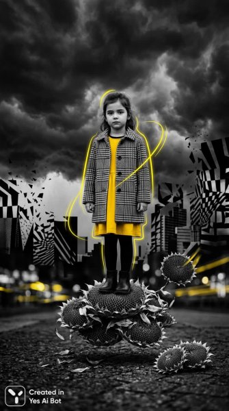Девушка и подсолнухи в сюрреалистичном черно-белом мире городского хаоса. Изображение из нейронной сети NanoBanana