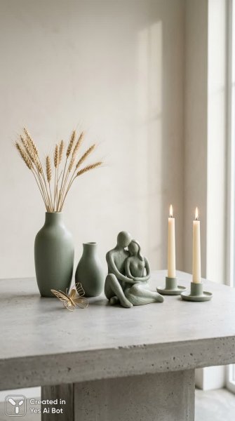 Умиротворение утра: керамические вазы и нежные акценты в минималистичном интерьере. Изображение из нейронной сети Нано Банана