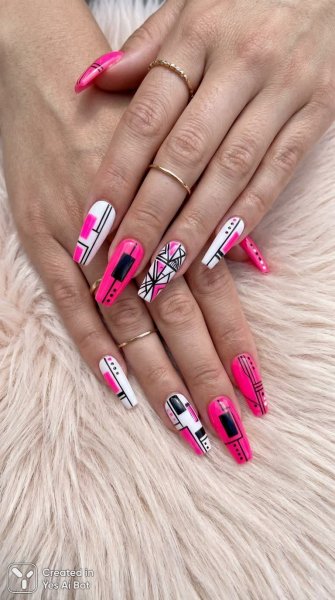 Яркий неоновый маникюр: балерина с графикой и мехом. Изображение из нейронной сети NanoBanana