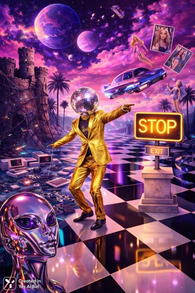 Ретро-футуристическая сцена: космос, диско и цифровой гламур. Генерация из нейросети Sora Ai Images