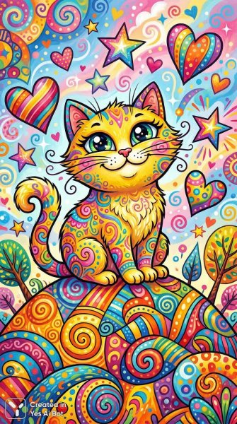 Веселый желтый кот в абстрактном мире ярких сердец и звезд. Картинка из нейронной сети NanoBanana