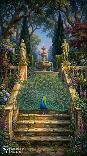 Павлин и лестница: великолепие сада в стиле модерн. Картинка из нейросети Nano-Banana
