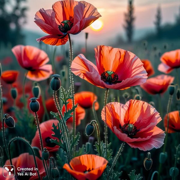 Розовые маки в стиле Фабио Сембранелли: рассвет сквозь туман и нежные оттенки. Изображение из нейронной сети Stable Diffusion