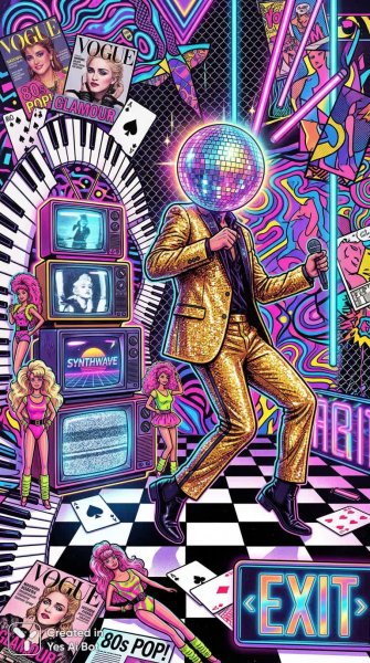 Неоновый ретро: поп-арт коллаж восьмидесятых в золотом блеске и психоделии. Картинка из нейросети NanoBanana