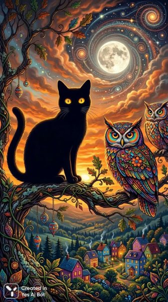 Загадочный мир ночных обитателей и сказочного поселения. Изображение из нейросети Nano Banana