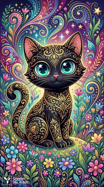 Загадочный кот в золотом убранстве среди яркого цветочного луга и абстрактных форм. Изображение из нейронной сети Nano-Banana