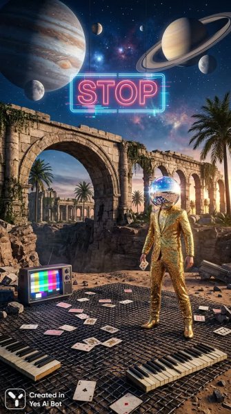 Сюрреалистичная коллажность: руины древности и мерцающий мир будущего. Генерация из нейронной сети Nano-Banana