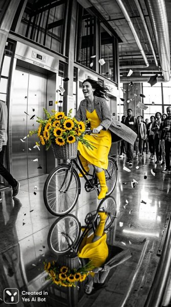 Солнечный велосипед в черно-белом мире: сюрреалистичный момент радости и движения. Нейронная сеть Нано Банана