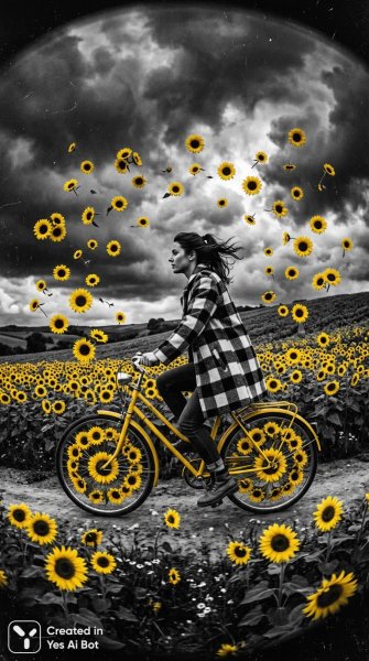 Солнечная езда сквозь поле подсолнухов: сюрреалистичный момент в черно-белом ключе. Картинка из нейросети NanoBanana