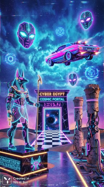 Неоновое переплетение: Древний Египет в стиле Vaporwave и киберпанк. Картинка из нейронной сети Nano-Banana