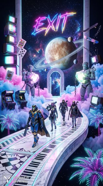 Неоновый побег: фантазия в стиле вейпорвейв с титанами и планетами. Генерация из нейронной сети Nano Banana