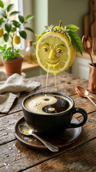 Лимонный душ над чашкой кофе: гиперреалистичная композиция. Изображение из нейронной сети NanoBanana