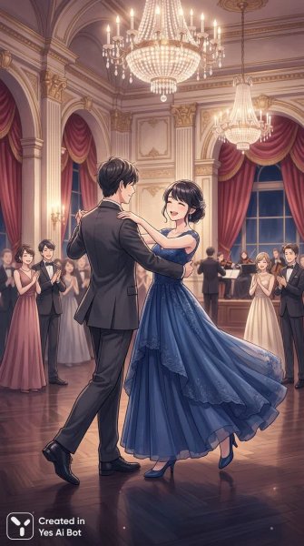 Вечер элегантности: танец под хрустальными люстрами и волшебная романтика. Картинка из нейронной сети Nano-Banana