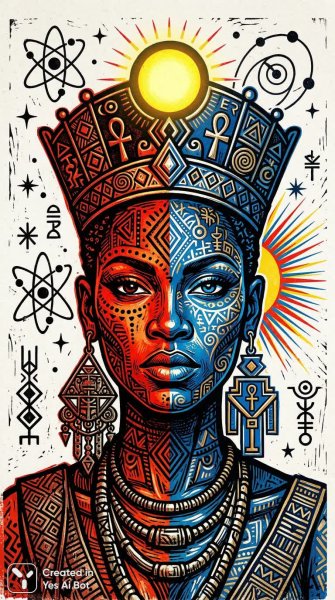 Африканский портрет: разделенное лицо в красном и синем цвете под солнцем. Картинка из нейронной сети Nano-Banana