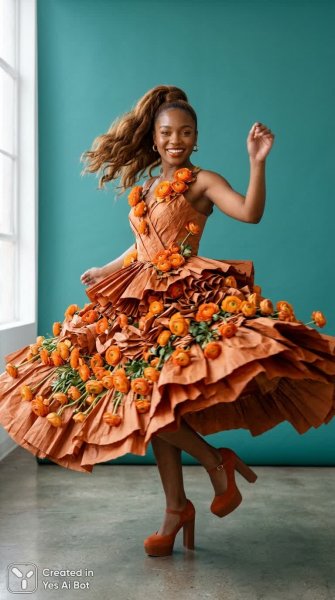 Оранжевое очарование: элегантный образ в крафтовой бумаге и цветах. Изображение из нейронной сети Нано Банана