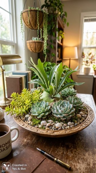 Уютный домашний уголок: оазис рабочего пространства с суккулентами и морскими мотивами. Генерация из нейросети Нано Банана