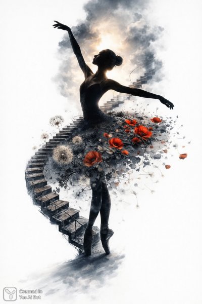 Балерина и лестница в облаках: мечтательное переплетение форм и красок. Нейросеть Sora Images