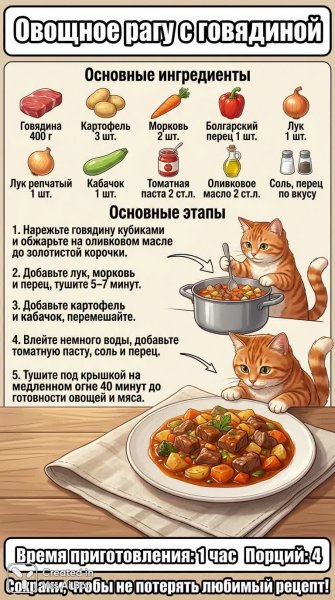 Ароматное овощное рагу с говядиной: простой и вкусный рецепт для семейного ужина на скорую руку. Генерация из нейросети Нано Банана