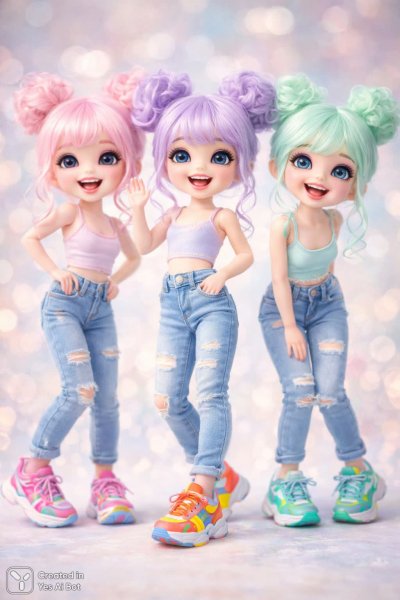 Милые фигурки в модных образах и яркой атмосфере современной живописи. Изображение из нейросети Sora Images