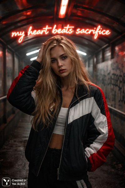 Уставшая девушка в туннеле с граффити и неоновым светом. Генерация из нейронной сети Sora Image