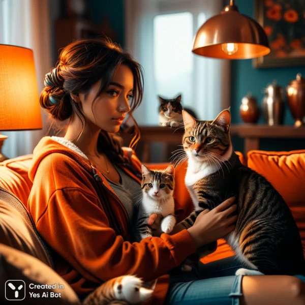 Домашнее тепло и уют: объятия любимых питомцев на мягком диване. Изображение из нейронной сети Stable Diffusion