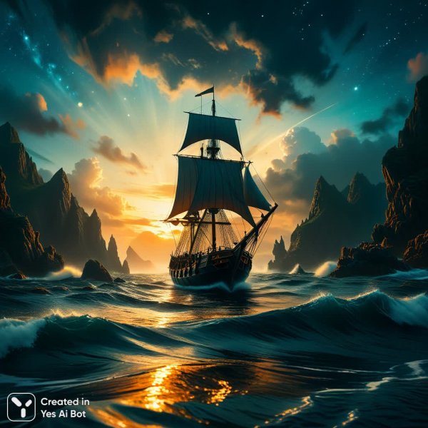 Величественный пейзаж с лодкой и звездным небом в стиле Гарри Поттера. Изображение из нейронной сети Стейбл Дифьюжн