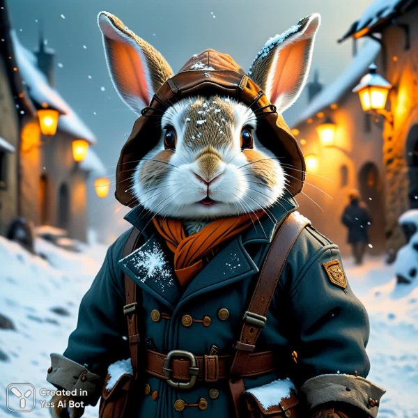 Жирный кролик-путешественник в зимнем приключении с теплым пальто и снаряжением для выживания. Нейросеть Stable Diffusion