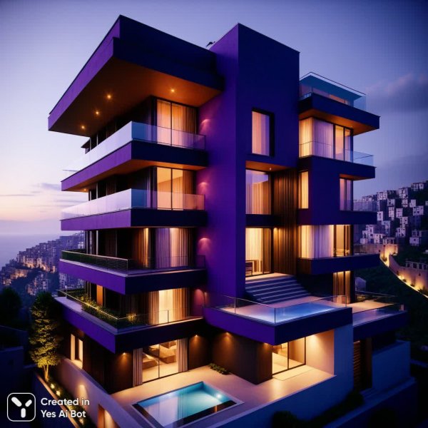 Террасное жилье в стиле нео-конкретизма с фиолетовыми акцентами. Генерация из нейронной сети Stable Diffusion