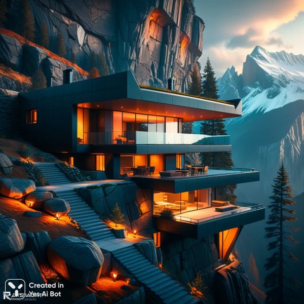 Дом будущего на скале с видом на дикий горный лес. Генерация из нейросети Stable Diffusion