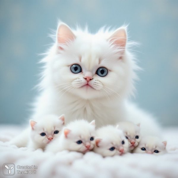 Белоснежная кошка с котятами: умиротворение и нежность. Изображение из нейронной сети Flux.1