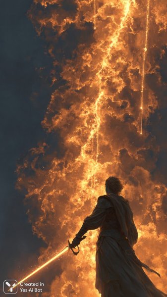 Божественный воин рассекает небеса золотым мечом света и силы. Изображение из нейросети Миджорни