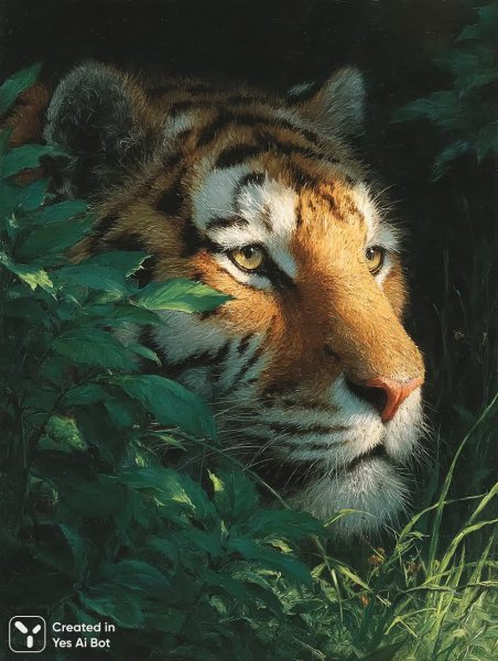 Таинственный тигр в золотых тонах: взгляд из темноты джунглей. Нейросеть Midjourney