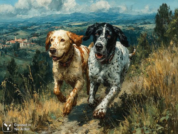 Охотничья сцена с английскими сеттерами в золотом свете. Картинка из нейронной сети Миджорни