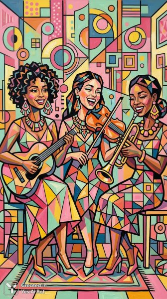 Яркие женские образы в стиле кубизма и музыкой. Изображение из нейросети Nano Banana