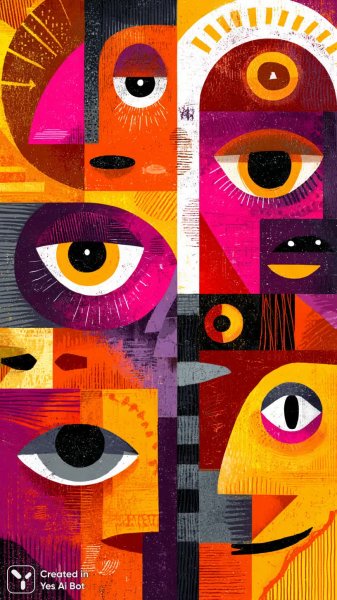 Яркие лица в современном искусстве: динамика и эмоции коллажа. Генерация из нейросети Миджорни