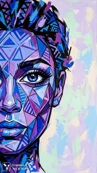 Лицо в сине-фиолетовом: геометрия и экспрессия современного искусства. Картинка из нейросети Nano-Banana