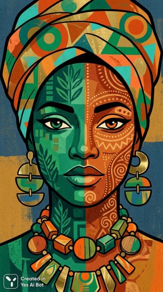 Яркий этнический портрет: геометрия, цвета и стилизация в современном искусстве. Нейросеть NanoBanana