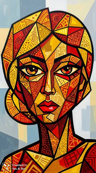 Яркий кубизм: портрет с выразительными глазами и геометрическими узорами. Нейронная сеть Nano Banana