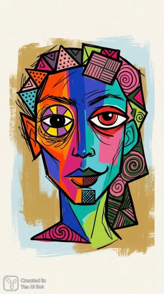 Яркий портрет в геометрическом стиле с выразительными глазами и сложными узорами. Картинка из нейронной сети Nano Banana