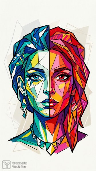 Кубистический портрет львицы в ярких цветах и геометрических формах. Нейросеть Nano-Banana