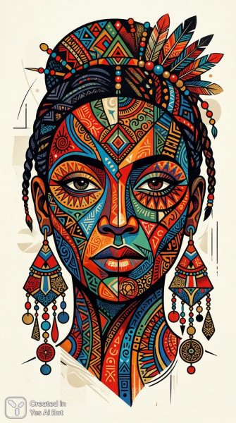 Яркий этнический портрет в геометрических формах и ярких цветах. Нейронная сеть Nano Banana