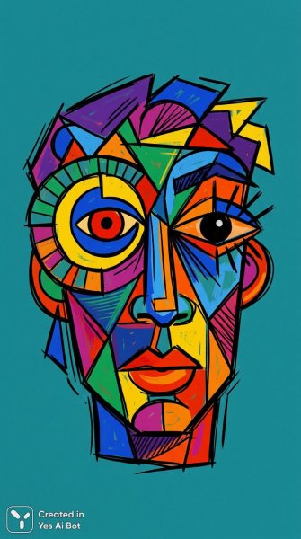 Яркий дизайн лица в стиле кубизма с геометрией и выразительными линиями. Генерация из нейронной сети Nano-Banana