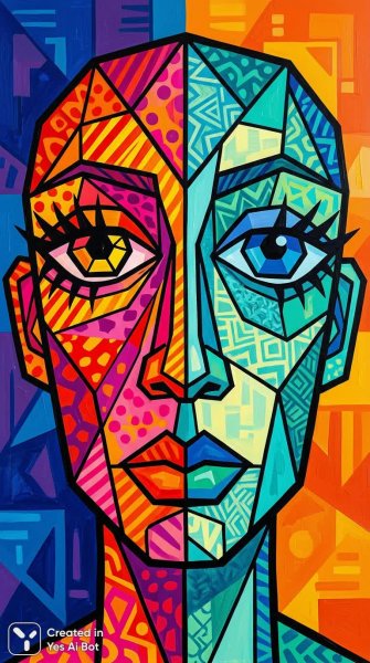 Геометрическое лицо: яркие узоры и контрастные цвета в стиле кубизма. Генерация из нейросети Нано Банана