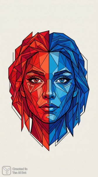 Яркий портрет: красный и синий контраст геометрии и эмоций. Картинка из нейросети NanoBanana