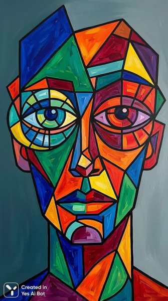 Геометрический портрет с ярким цветовым контрастом и выразительными чертами. Картинка из нейросети Nano Banana