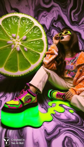 Персиковый глитч: уличный гранж с лаймовым акцентом и неоновыми кроссовками. Нейронная сеть Dalle