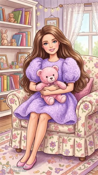 Кукла Барби с мишкой – нежность и уют в розовом свитере. Картинка из нейросети Nano-Banana