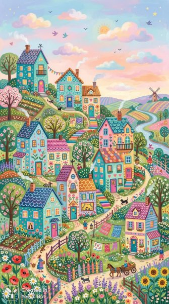 Сказочные домики на холме: вдохновение народным искусством и яркими красками. Генерация из нейронной сети Nano Banana