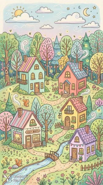 Уютные домики в сказочном лесу. Изображение из нейросети NanoBanana