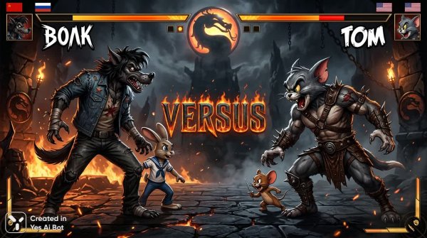 Ну, погоди против Тома и Джерри: схватка веков в стиле Mortal Kombat. Изображение из нейронной сети NanoBanana